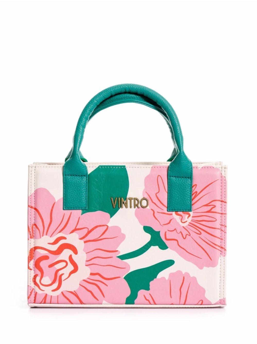 intro. Pink Floral Satchel with Teal Handles
